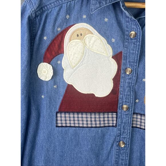 VTG Denim Embroidered Christmas Shirt Women’s Sz M Cotton Button Up Santa 90s - Picture 2 of 9